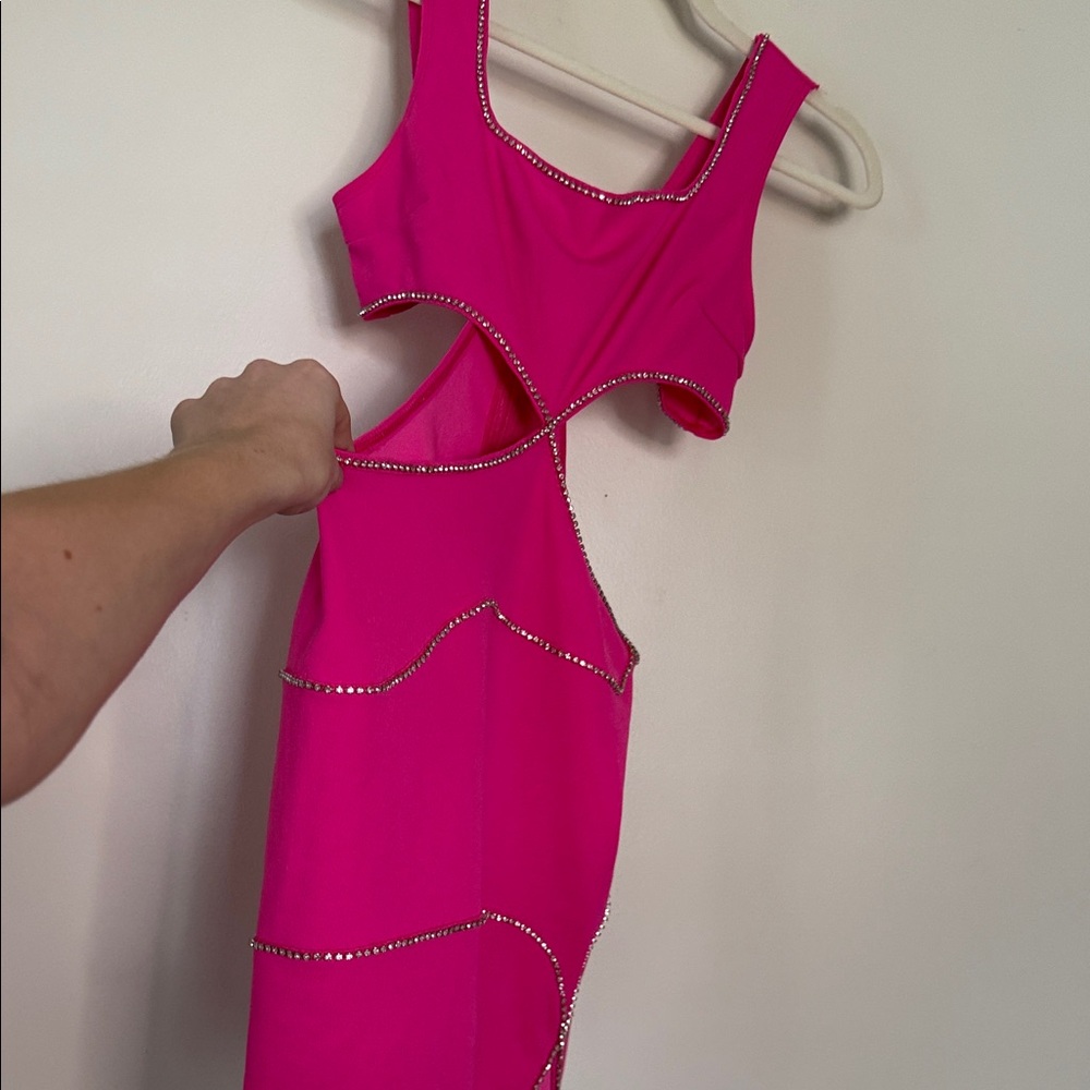 Hot pink rhinestone embellished cutout dress with small slit
